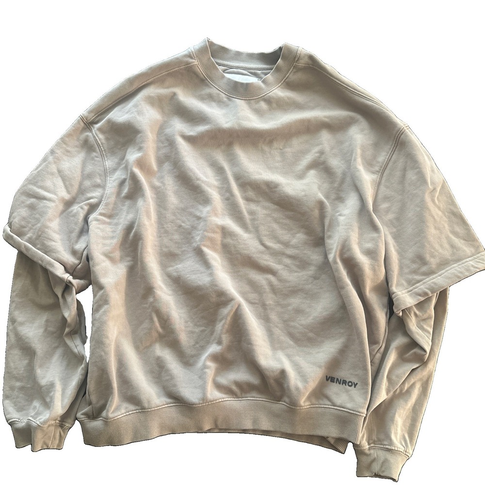 VENROY Layered Long Sleeve Sweatshirt Taupe Beige Oversized Layered Crewneck SzM